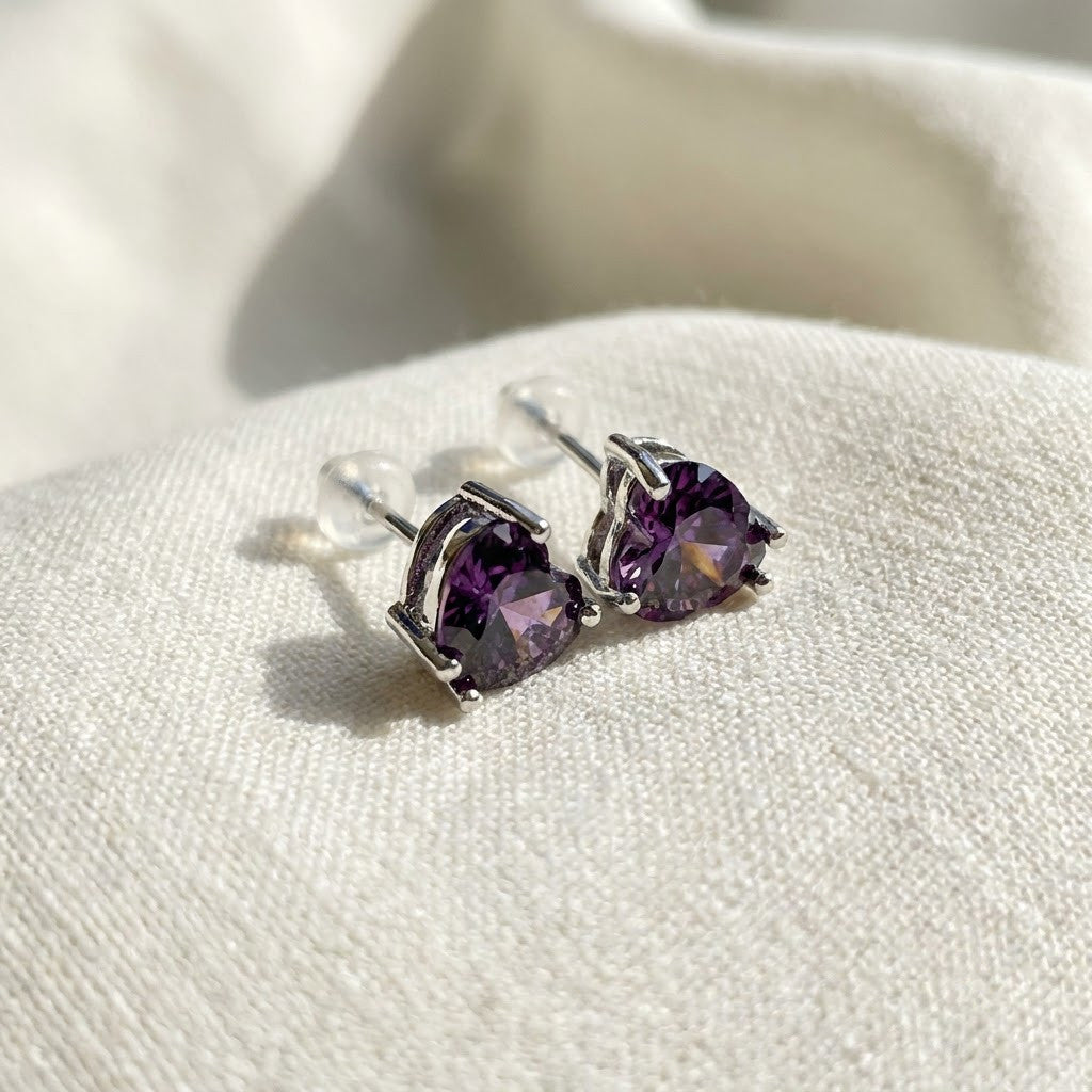 Amethyst Purple Heart Solitaire Stud Earrings | 18K Gold Plated | Anti-Tarnish Demi-Fine Sweat-Proof - ANUSI Demi-Fine Jewelry Shot 5