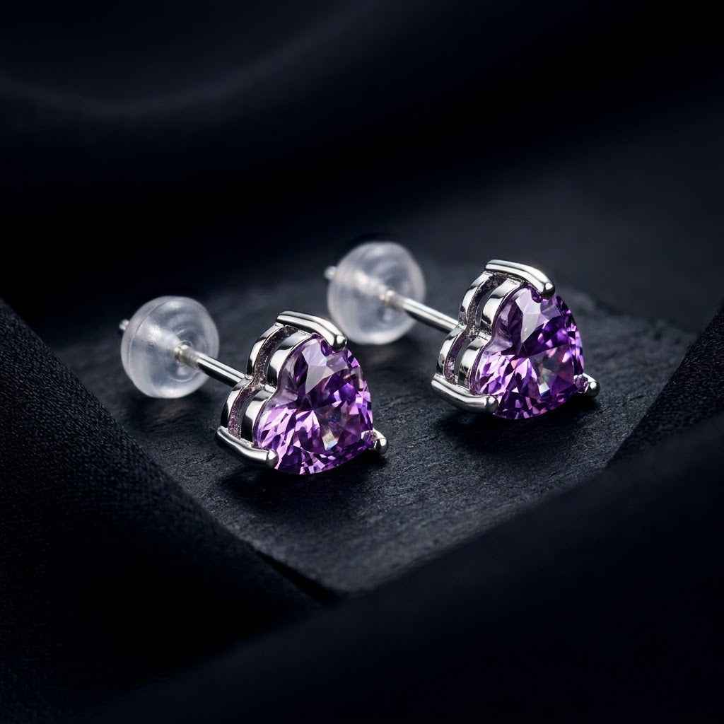 Amethyst Purple Heart Solitaire Stud Earrings | 18K Gold Plated | Anti-Tarnish Demi-Fine Sweat-Proof - ANUSI Demi-Fine Jewelry Shot 6