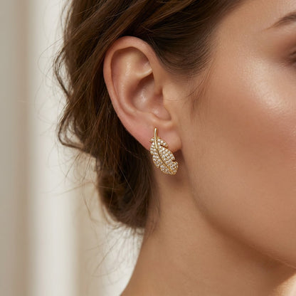 Gilded Feather Pavé Crystal Stud Earrings | 18K Gold Plated | Anti-Tarnish Demi-Fine Sweat-Proof - ANUSI Demi-Fine Jewelry Shot 2