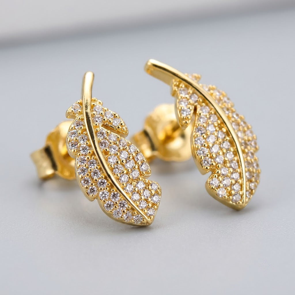 Gilded Feather Pavé Crystal Stud Earrings | 18K Gold Plated | Anti-Tarnish Demi-Fine Sweat-Proof - ANUSI Demi-Fine Jewelry Shot 3