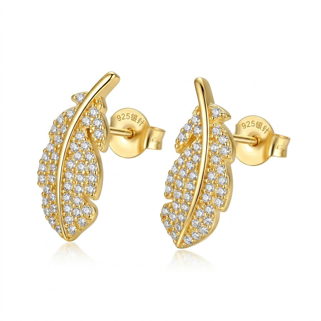 Gilded Feather Pavé Crystal Stud Earrings | 18K Gold Plated | Anti-Tarnish Demi-Fine Sweat-Proof - ANUSI Demi-Fine Jewelry Shot 1