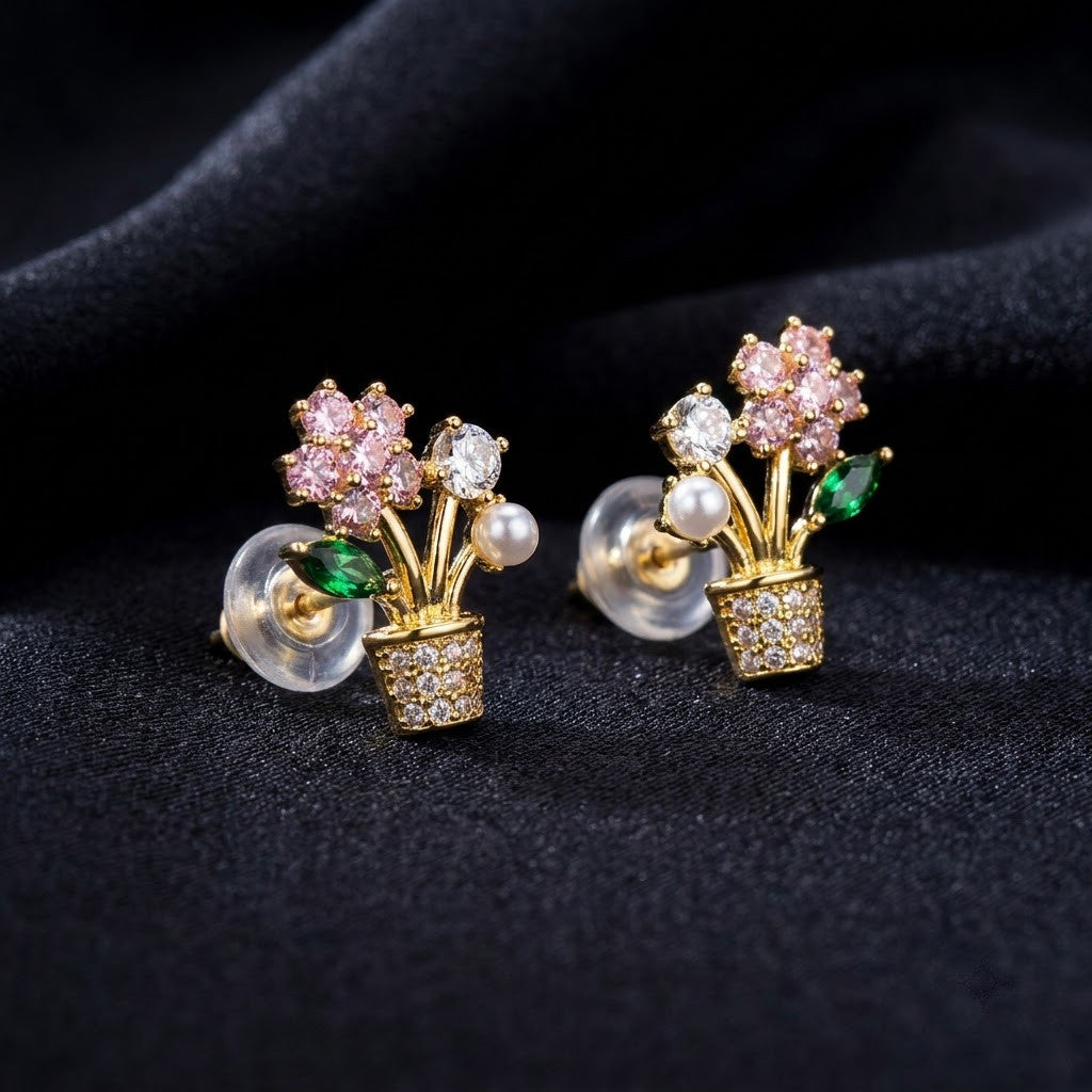 Blooming Blossom & Pearl Flowerpot Stud Earrings | 18K Gold Plated | Anti-Tarnish Demi-Fine Sweat-Proof - ANUSI Demi-Fine Jewelry Shot 6