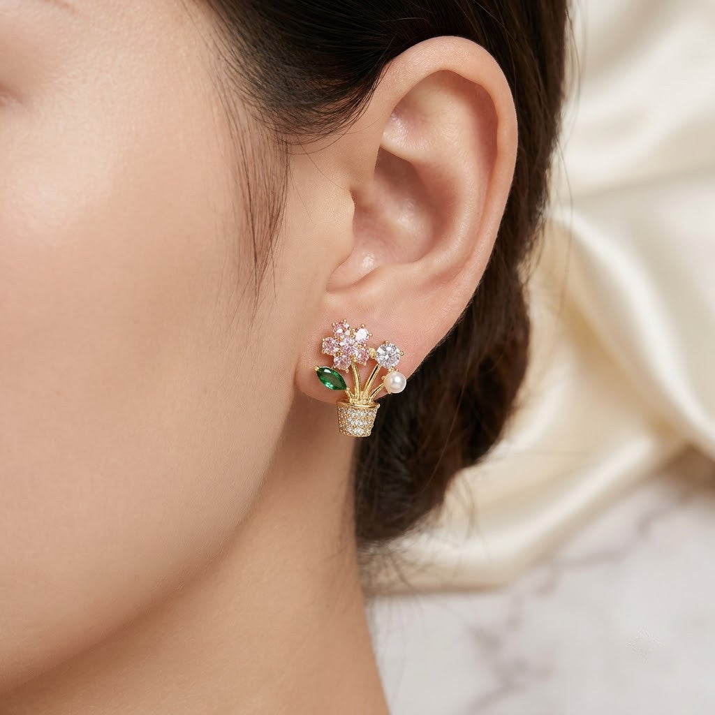 Blooming Blossom & Pearl Flowerpot Stud Earrings | 18K Gold Plated | Anti-Tarnish Demi-Fine Sweat-Proof - ANUSI Demi-Fine Jewelry Shot 2