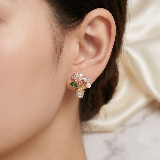Blooming Blossom & Pearl Flowerpot Stud Earrings | 18K Gold Plated | Anti-Tarnish Demi-Fine Sweat-Proof - ANUSI Demi-Fine Jewelry Shot 2