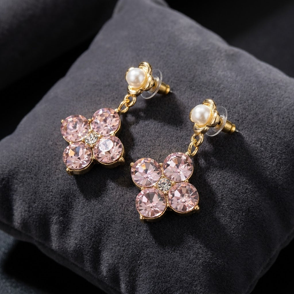 Pink Clover & Pearl Drop Earrings | 18K Gold Plated | Anti-Tarnish Demi-Fine Sweat-Proof - ANUSI Demi-Fine Jewelry Shot 4