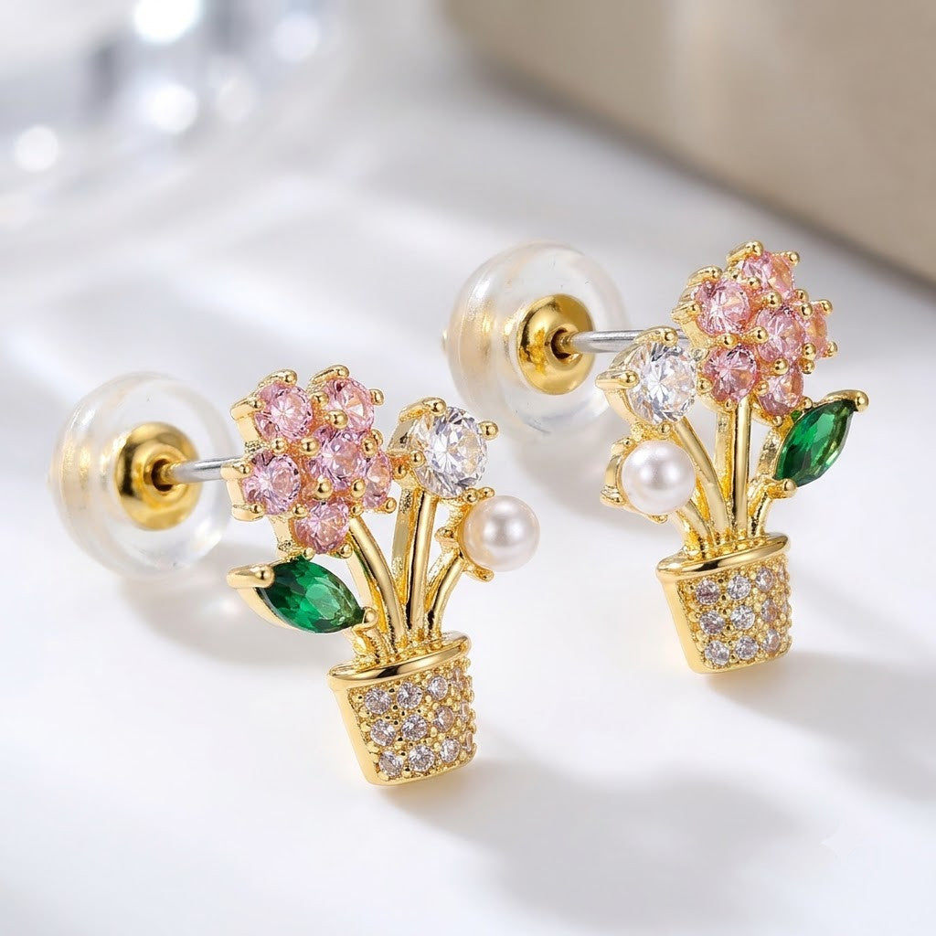 Blooming Blossom & Pearl Flowerpot Stud Earrings | 18K Gold Plated | Anti-Tarnish Demi-Fine Sweat-Proof - ANUSI Demi-Fine Jewelry Shot 3