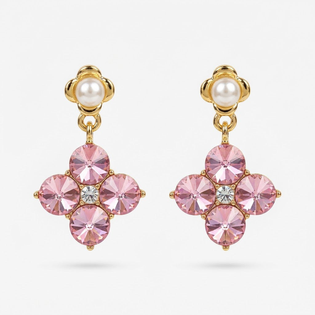 Pink Clover & Pearl Drop Earrings | 18K Gold Plated | Anti-Tarnish Demi-Fine Sweat-Proof - ANUSI Demi-Fine Jewelry Shot 1