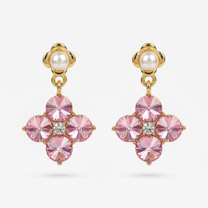 Pink Clover & Pearl Drop Earrings | 18K Gold Plated | Anti-Tarnish Demi-Fine Sweat-Proof - ANUSI Demi-Fine Jewelry Shot 1