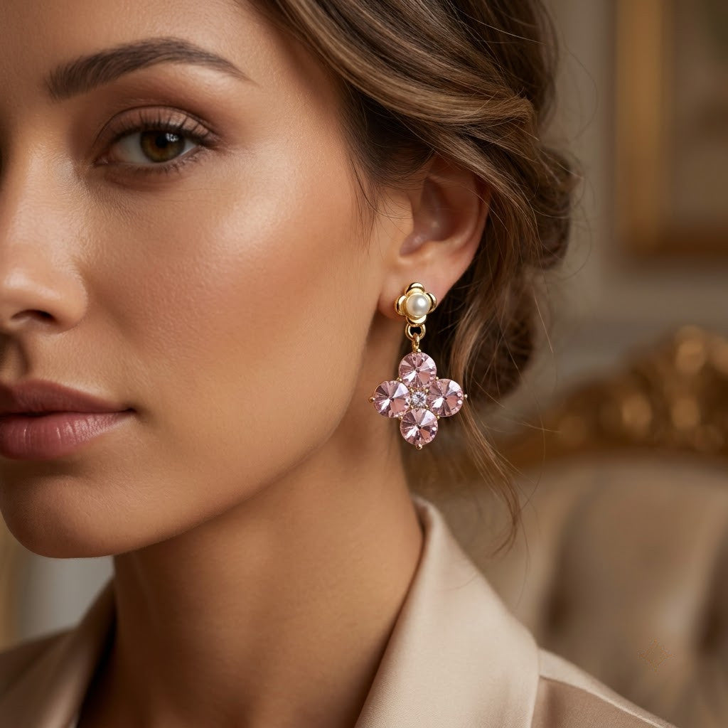 Pink Clover & Pearl Drop Earrings | 18K Gold Plated | Anti-Tarnish Demi-Fine Sweat-Proof - ANUSI Demi-Fine Jewelry Shot 2