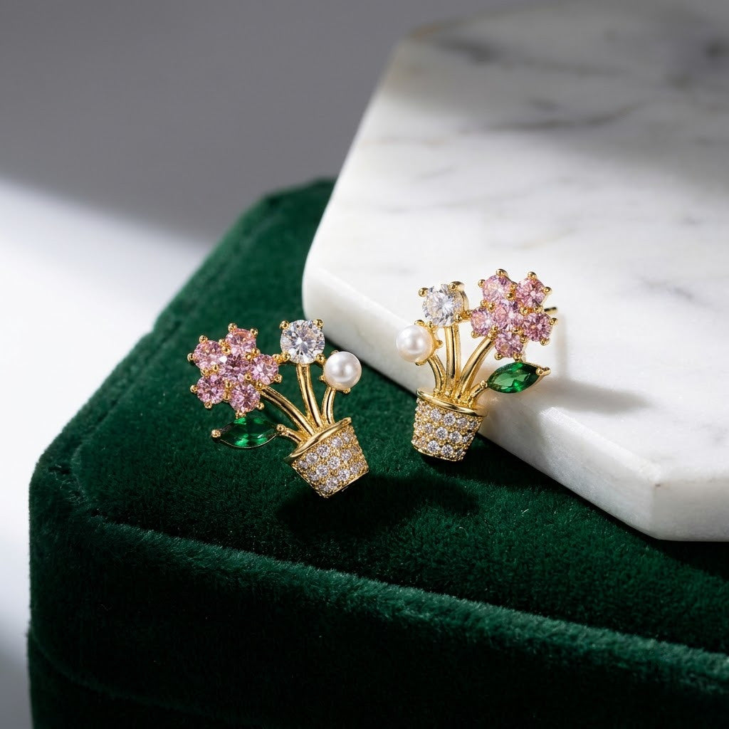 Blooming Blossom & Pearl Flowerpot Stud Earrings | 18K Gold Plated | Anti-Tarnish Demi-Fine Sweat-Proof - ANUSI Demi-Fine Jewelry Shot 4