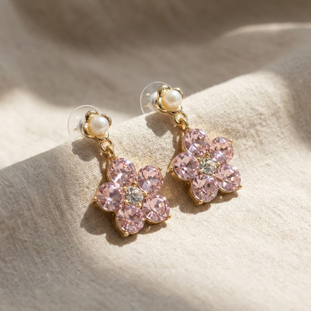 Pink Clover & Pearl Drop Earrings | 18K Gold Plated | Anti-Tarnish Demi-Fine Sweat-Proof - ANUSI Demi-Fine Jewelry Shot 5