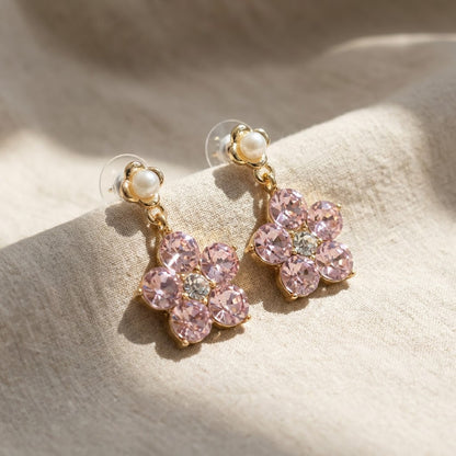 Pink Clover & Pearl Drop Earrings | 18K Gold Plated | Anti-Tarnish Demi-Fine Sweat-Proof - ANUSI Demi-Fine Jewelry Shot 5