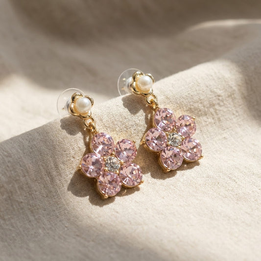 Pink Clover & Pearl Drop Earrings | 18K Gold Plated | Anti-Tarnish Demi-Fine Sweat-Proof - ANUSI Demi-Fine Jewelry Shot 5