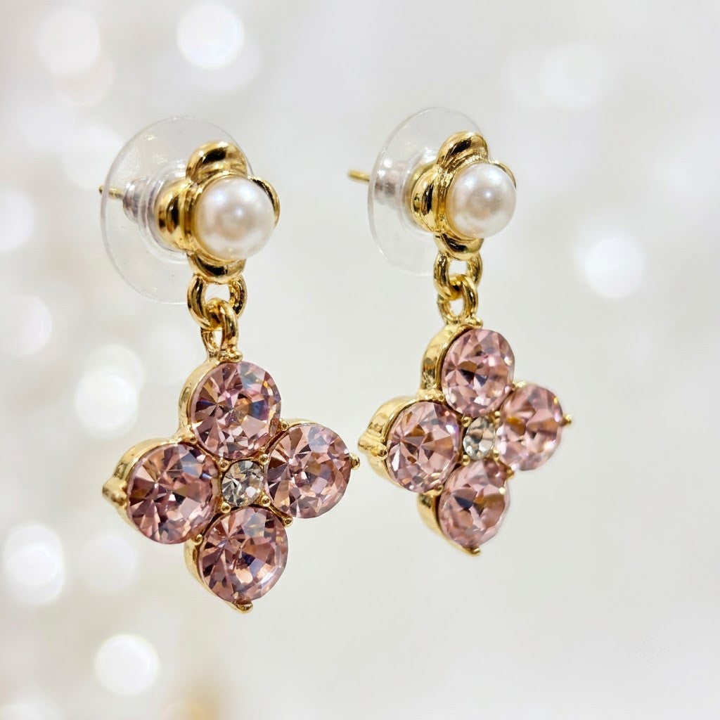 Pink Clover & Pearl Drop Earrings | 18K Gold Plated | Anti-Tarnish Demi-Fine Sweat-Proof - ANUSI Demi-Fine Jewelry Shot 3