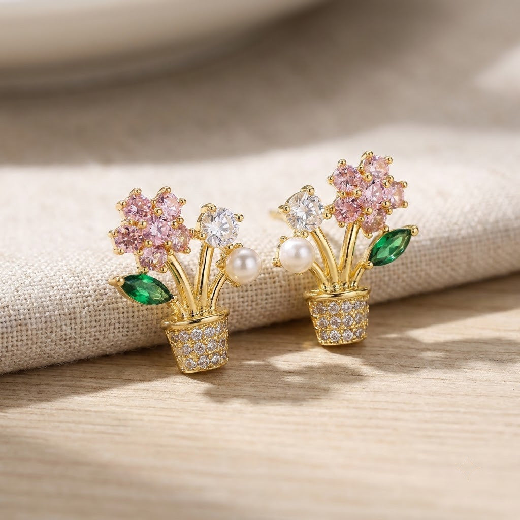 Blooming Blossom & Pearl Flowerpot Stud Earrings | 18K Gold Plated | Anti-Tarnish Demi-Fine Sweat-Proof - ANUSI Demi-Fine Jewelry Shot 5