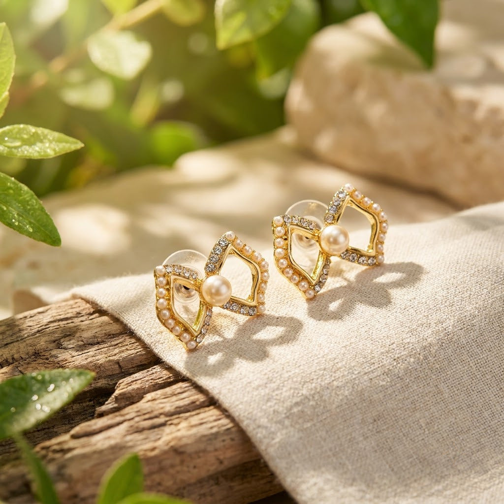 Grace Geometric Bow & Freshwater Pearl Stud Earrings | 18K Gold Plated | Anti-Tarnish Demi-Fine Sweat-Proof - ANUSI Demi-Fine Jewelry Shot 5