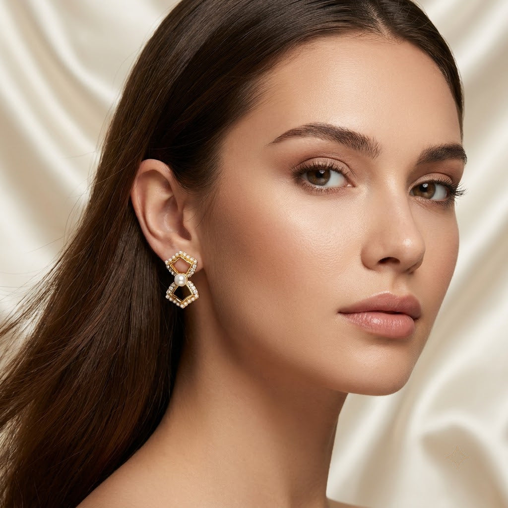 Grace Geometric Bow & Freshwater Pearl Stud Earrings | 18K Gold Plated | Anti-Tarnish Demi-Fine Sweat-Proof - ANUSI Demi-Fine Jewelry Shot 2