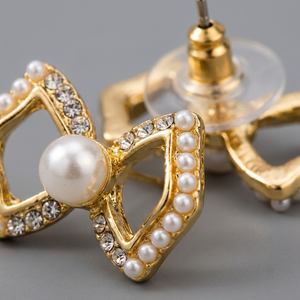 Grace Geometric Bow & Freshwater Pearl Stud Earrings | 18K Gold Plated | Anti-Tarnish Demi-Fine Sweat-Proof - ANUSI Demi-Fine Jewelry Shot 3