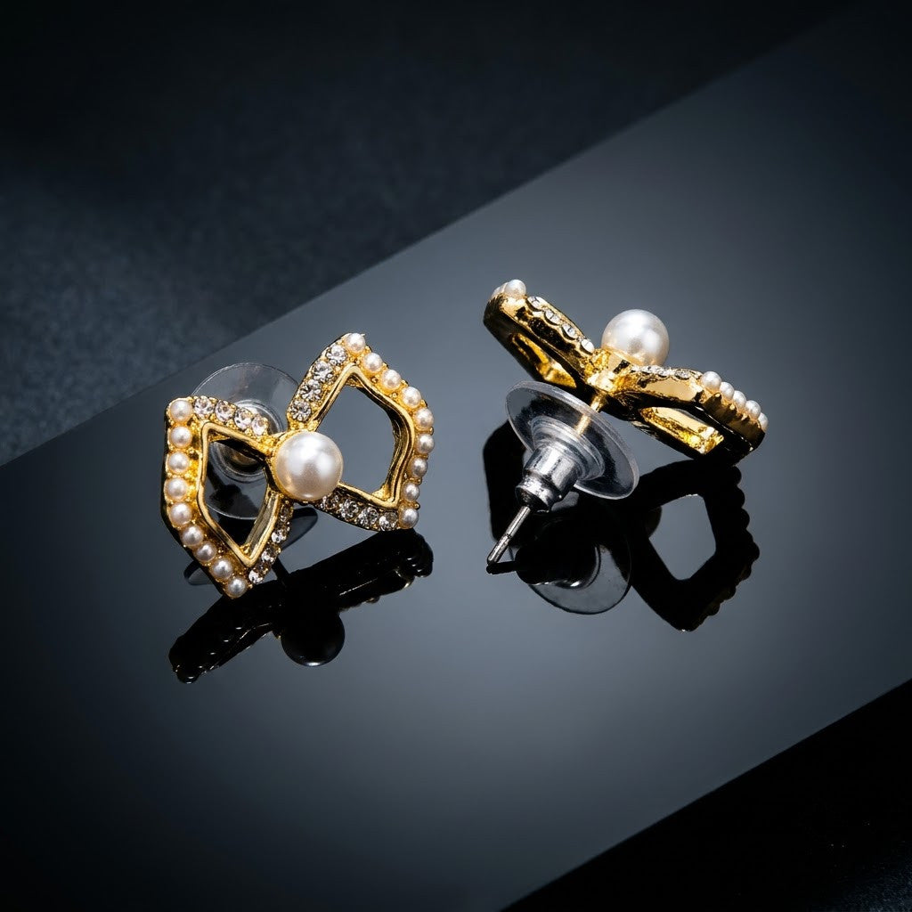Grace Geometric Bow & Freshwater Pearl Stud Earrings | 18K Gold Plated | Anti-Tarnish Demi-Fine Sweat-Proof - ANUSI Demi-Fine Jewelry Shot 6