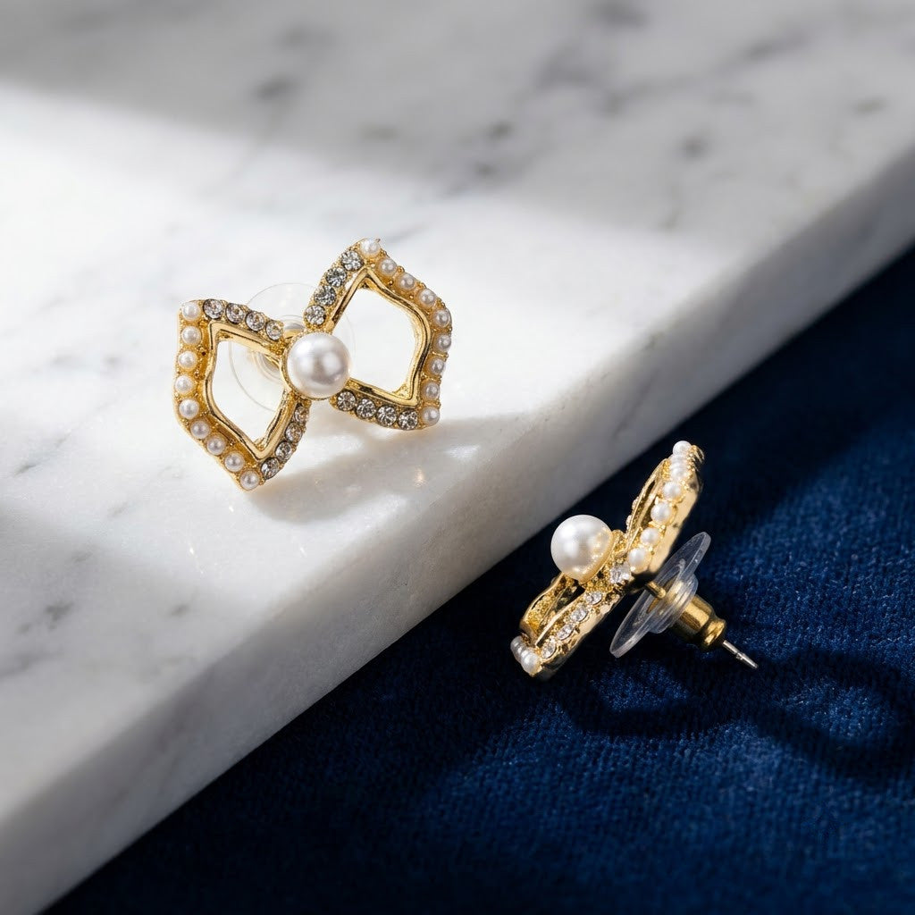 Grace Geometric Bow & Freshwater Pearl Stud Earrings | 18K Gold Plated | Anti-Tarnish Demi-Fine Sweat-Proof - ANUSI Demi-Fine Jewelry Shot 4