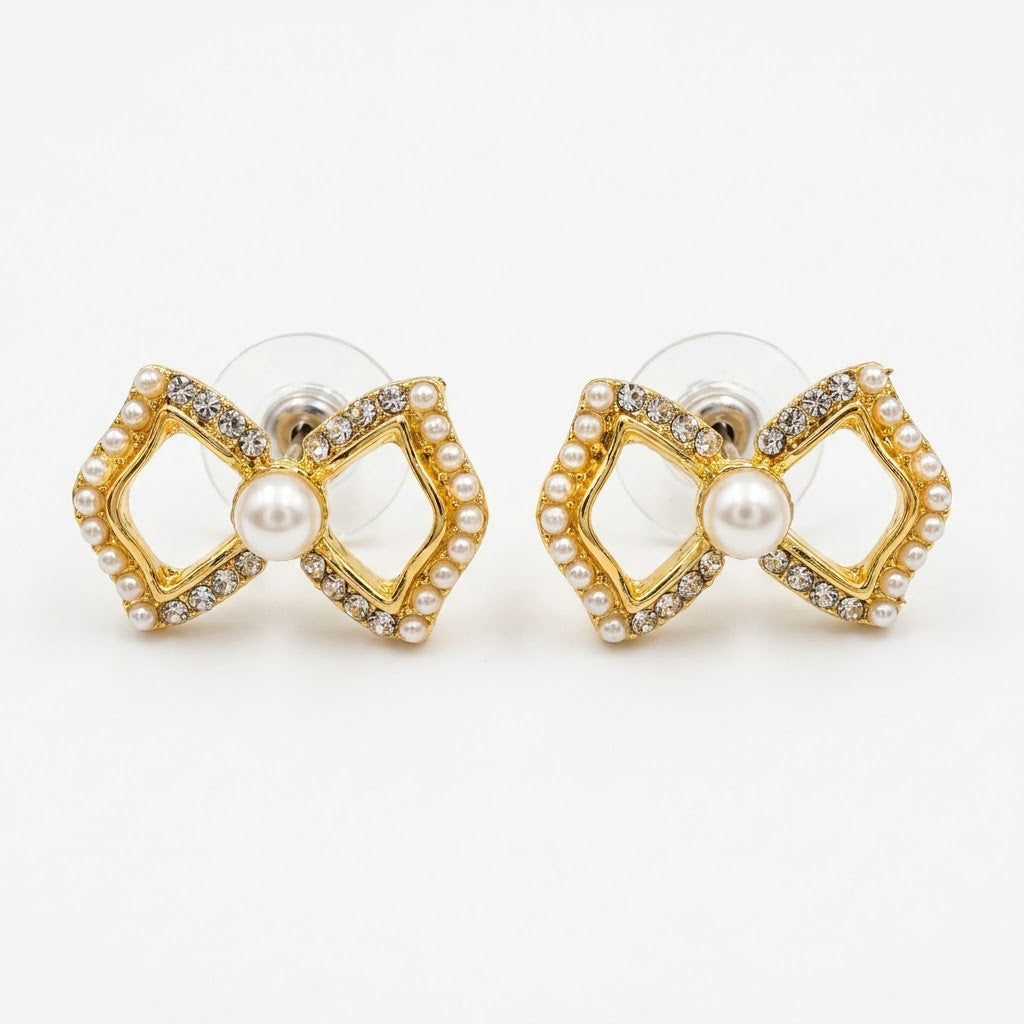 Grace Geometric Bow & Freshwater Pearl Stud Earrings | 18K Gold Plated | Anti-Tarnish Demi-Fine Sweat-Proof - ANUSI Demi-Fine Jewelry Shot 1
