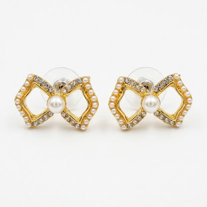 Grace Geometric Bow & Freshwater Pearl Stud Earrings | 18K Gold Plated | Anti-Tarnish Demi-Fine Sweat-Proof - ANUSI Demi-Fine Jewelry Shot 1