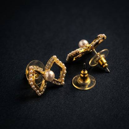 Grace Geometric Bow & Freshwater Pearl Stud Earrings | 18K Gold Plated | Anti-Tarnish Demi-Fine Sweat-Proof - ANUSI Demi-Fine Jewelry Shot 7