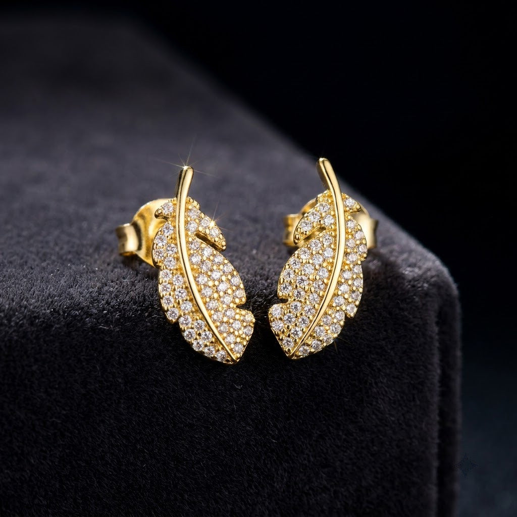 Gilded Feather Pavé Crystal Stud Earrings | 18K Gold Plated | Anti-Tarnish Demi-Fine Sweat-Proof - ANUSI Demi-Fine Jewelry Shot 6
