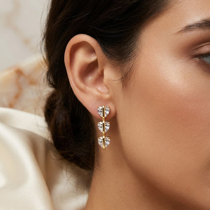 Cascading Triple Heart Linear Drop Earrings | 18K Gold Plated | Anti-Tarnish Demi-Fine Sweat-Proof - ANUSI Demi-Fine Jewelry Shot 2