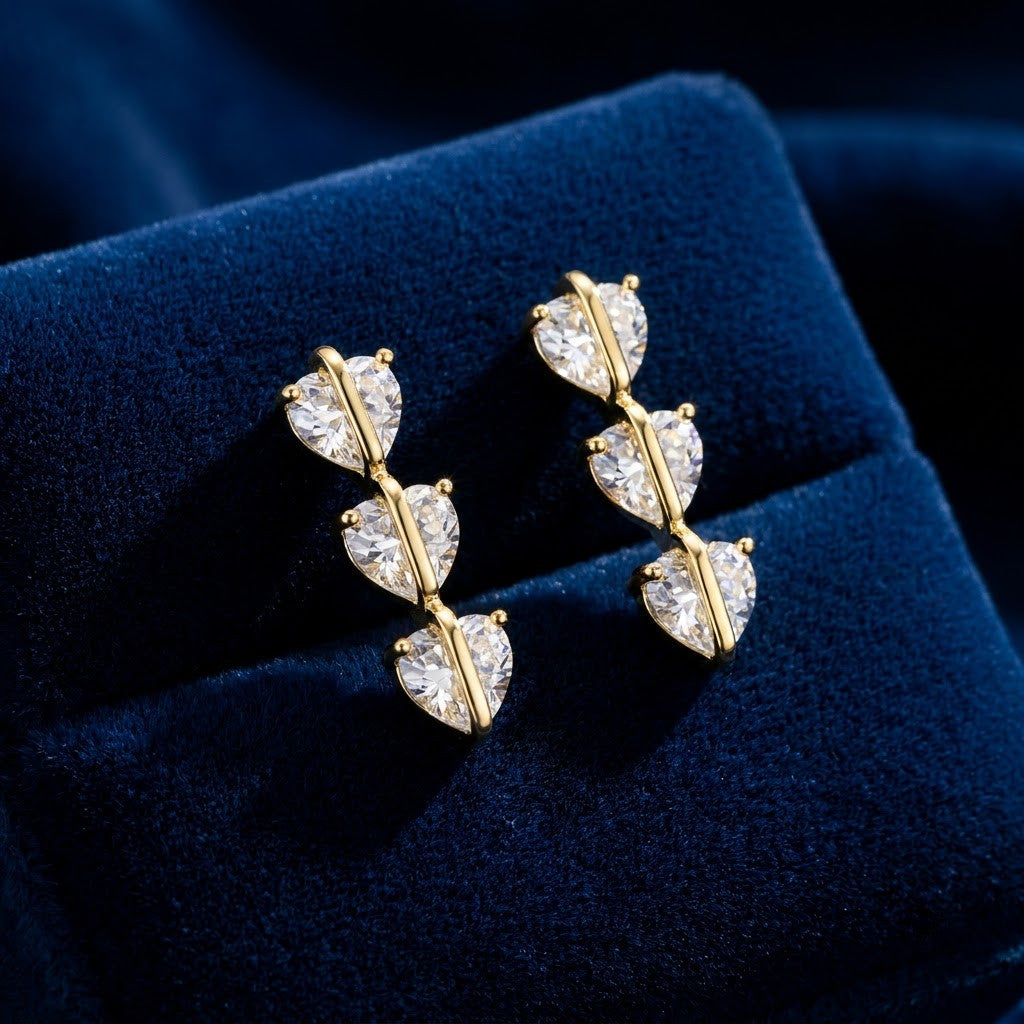 Cascading Triple Heart Linear Drop Earrings | 18K Gold Plated | Anti-Tarnish Demi-Fine Sweat-Proof - ANUSI Demi-Fine Jewelry Shot 4