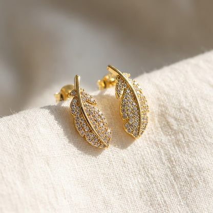 Gilded Feather Pavé Crystal Stud Earrings | 18K Gold Plated | Anti-Tarnish Demi-Fine Sweat-Proof - ANUSI Demi-Fine Jewelry Shot 5