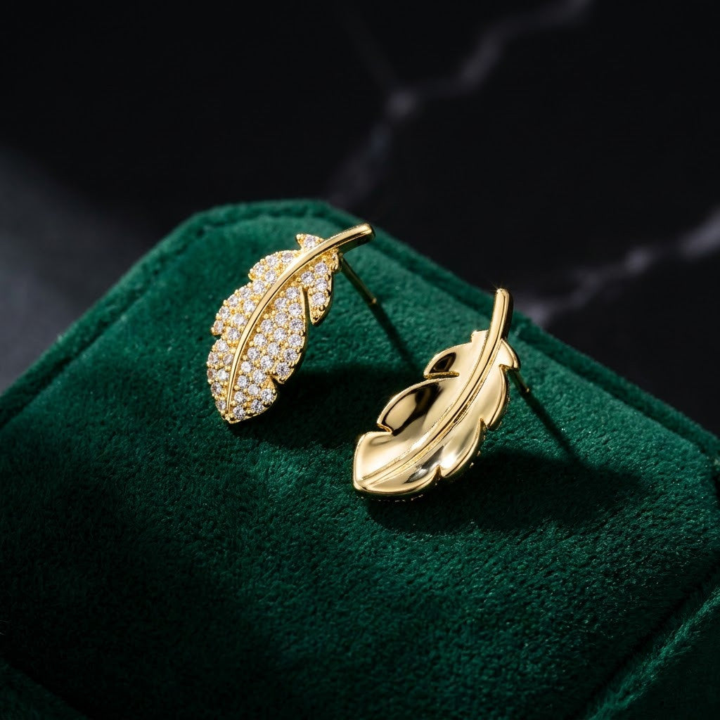 Gilded Feather Pavé Crystal Stud Earrings | 18K Gold Plated | Anti-Tarnish Demi-Fine Sweat-Proof - ANUSI Demi-Fine Jewelry Shot 4