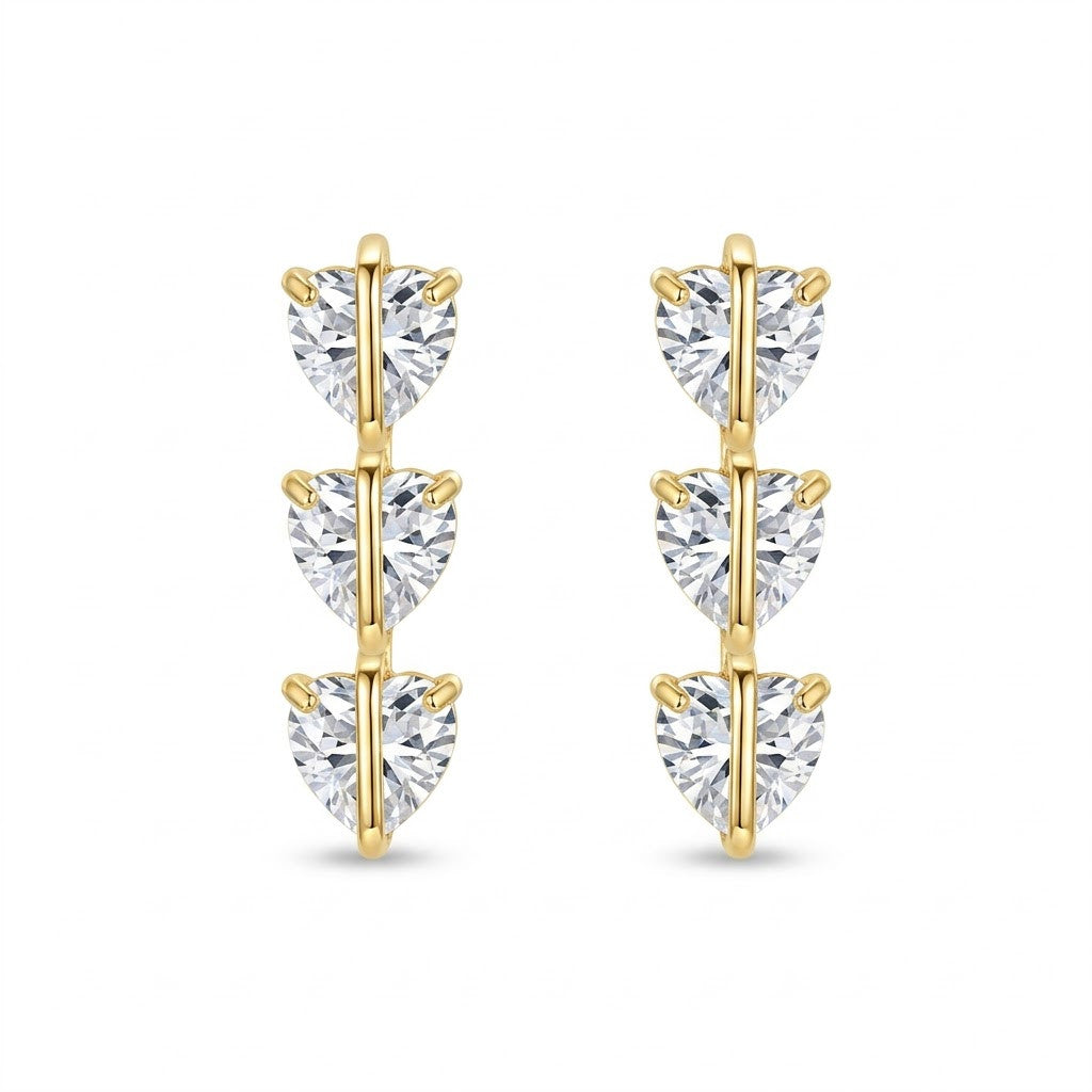Cascading Triple Heart Linear Drop Earrings | 18K Gold Plated | Anti-Tarnish Demi-Fine Sweat-Proof - ANUSI Demi-Fine Jewelry Shot 1