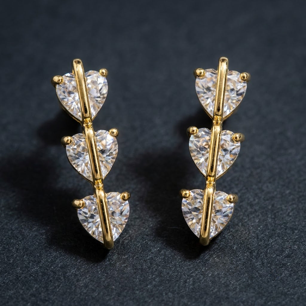 Cascading Triple Heart Linear Drop Earrings | 18K Gold Plated | Anti-Tarnish Demi-Fine Sweat-Proof - ANUSI Demi-Fine Jewelry Shot 6
