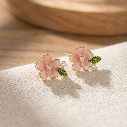 Sakura Cherry Blossom Enamel Drop Earrings | 18K Gold Plated | Anti-Tarnish Demi-Fine Sweat-Proof - ANUSI Demi-Fine Jewelry Shot 5