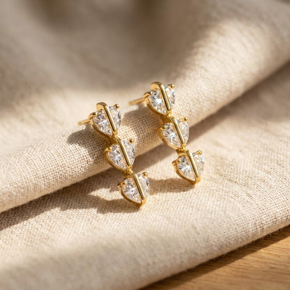 Cascading Triple Heart Linear Drop Earrings | 18K Gold Plated | Anti-Tarnish Demi-Fine Sweat-Proof - ANUSI Demi-Fine Jewelry Shot 5