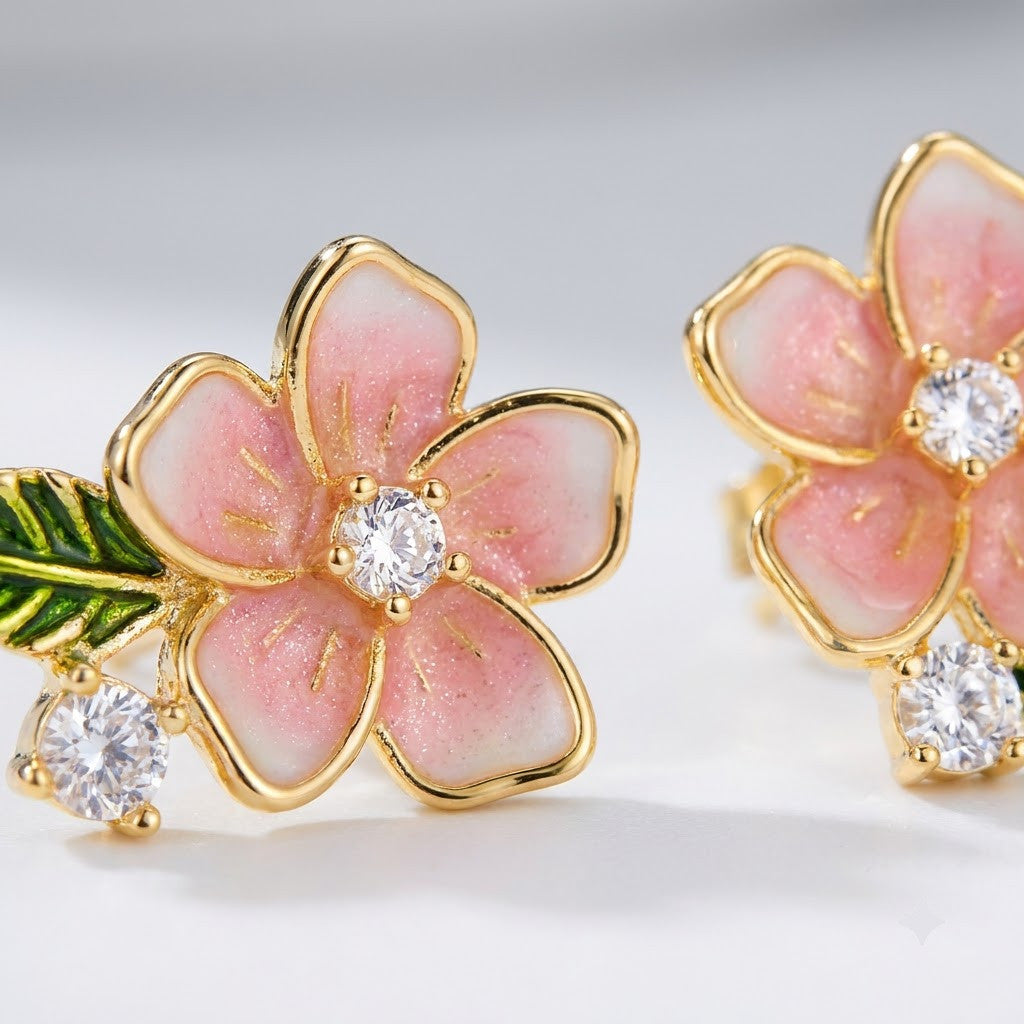 Sakura Cherry Blossom Enamel Drop Earrings | 18K Gold Plated | Anti-Tarnish Demi-Fine Sweat-Proof - ANUSI Demi-Fine Jewelry Shot 3