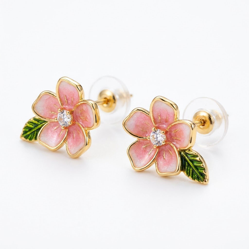 Sakura Cherry Blossom Enamel Drop Earrings | 18K Gold Plated | Anti-Tarnish Demi-Fine Sweat-Proof - ANUSI Demi-Fine Jewelry Shot 1