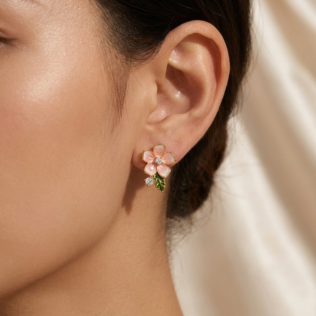 Sakura Cherry Blossom Enamel Drop Earrings | 18K Gold Plated | Anti-Tarnish Demi-Fine Sweat-Proof - ANUSI Demi-Fine Jewelry Shot 2