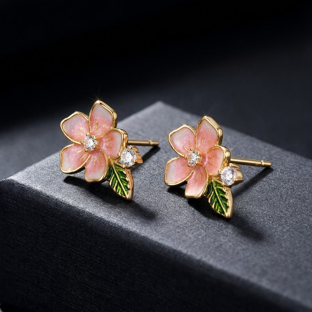 Sakura Cherry Blossom Enamel Drop Earrings | 18K Gold Plated | Anti-Tarnish Demi-Fine Sweat-Proof - ANUSI Demi-Fine Jewelry Shot 6