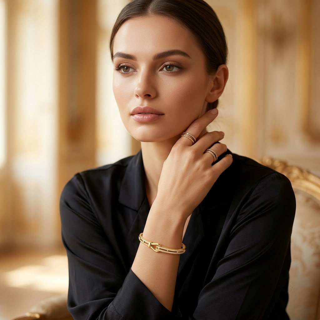 Equestrian Belt Buckle Pavé Crystal Dual-Band Bangle - 02 Model Shot