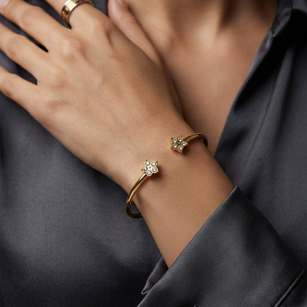Petite Crystal Blossom Floral Open Cuff Bangle - 02 Model Shot