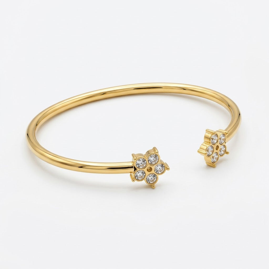 Petite Crystal Blossom Floral Open Cuff Bangle - 01 Studio Shot