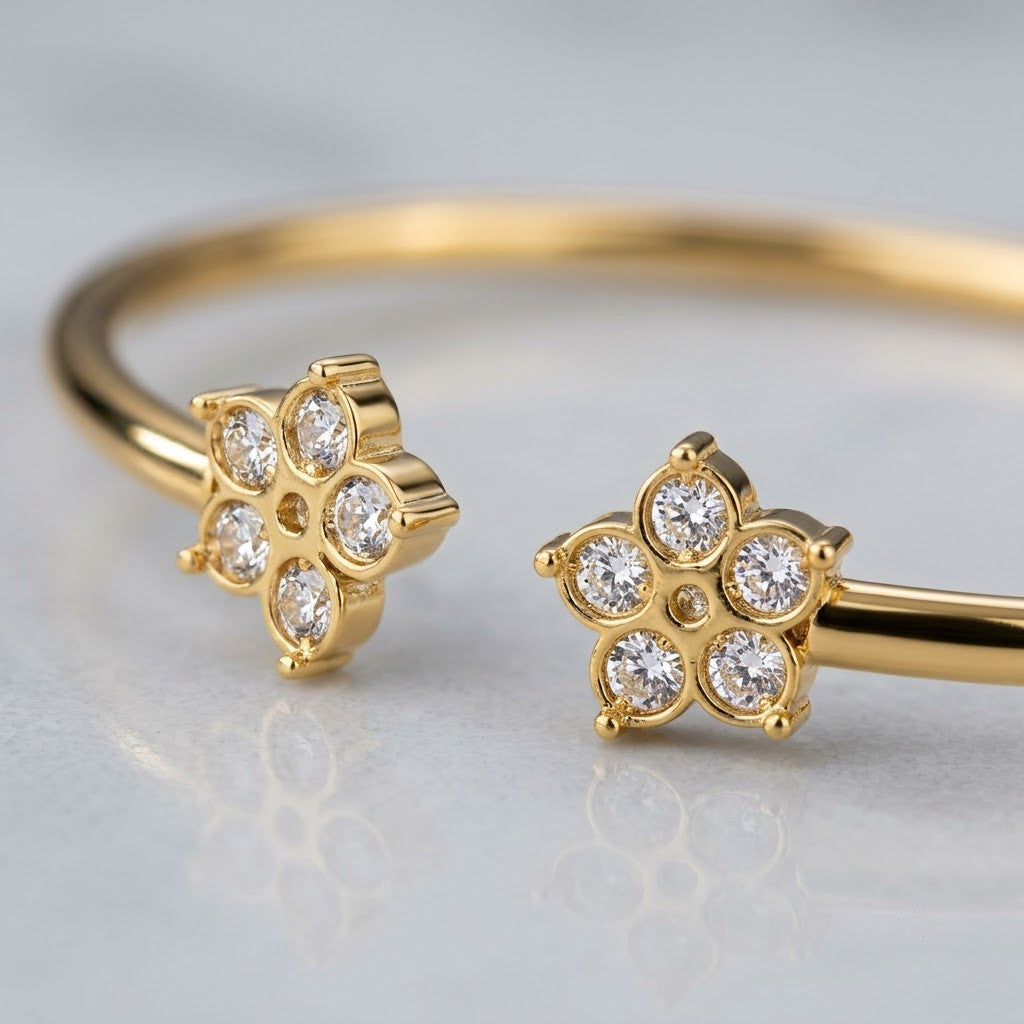 Petite Crystal Blossom Floral Open Cuff Bangle - 03 Close Up Shot