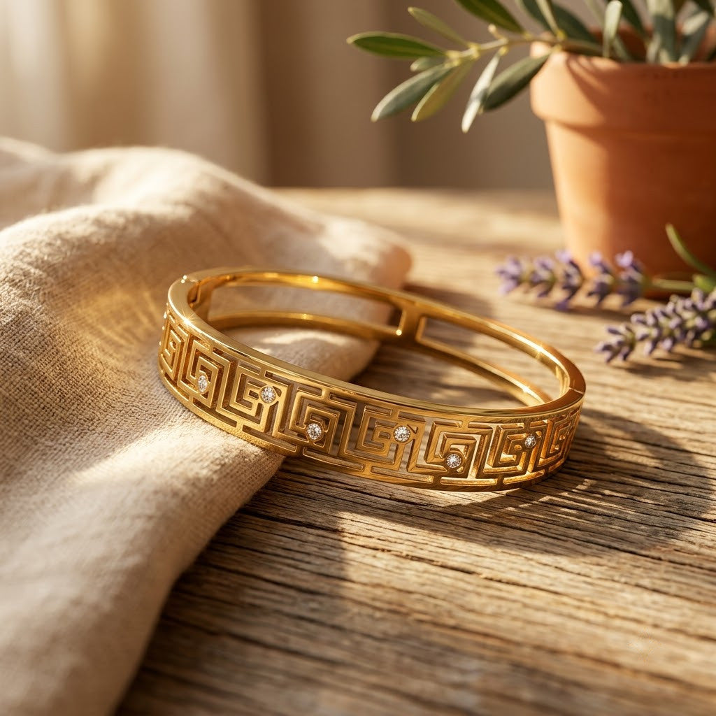 Imperial Greek Key Meander Geometric Openwork Bangle - 05 Lifestyle Shot