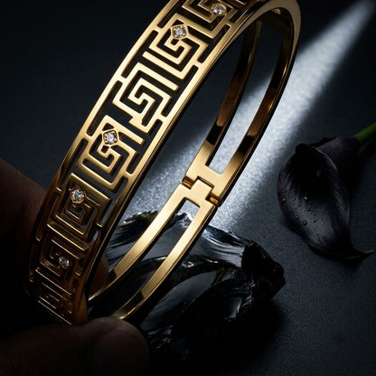 Imperial Greek Key Meander Geometric Openwork Bangle - 06 Editorial Shot