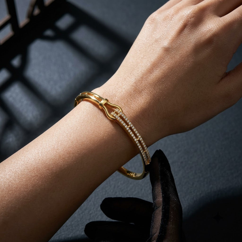 Equestrian Belt Buckle Pavé Crystal Dual-Band Bangle - 06 Editorial Shot