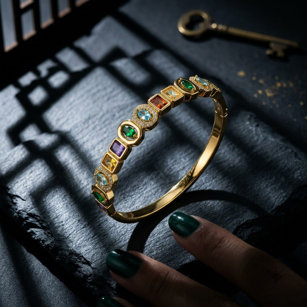 Navratna Art-Deco Multi-Gemstone Halo Hinged Bangle - 06 Editorial Shot