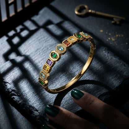 Navratna Art-Deco Multi-Gemstone Halo Hinged Bangle - 06 Editorial Shot