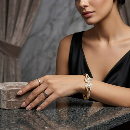 Dual Lustrous Pearl & Micropavé Teardrop Hinged Bangle - 02 Model Shot